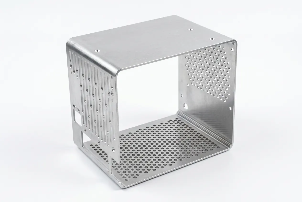 Perforated sheet metal enclosure with formed bends and cut openings