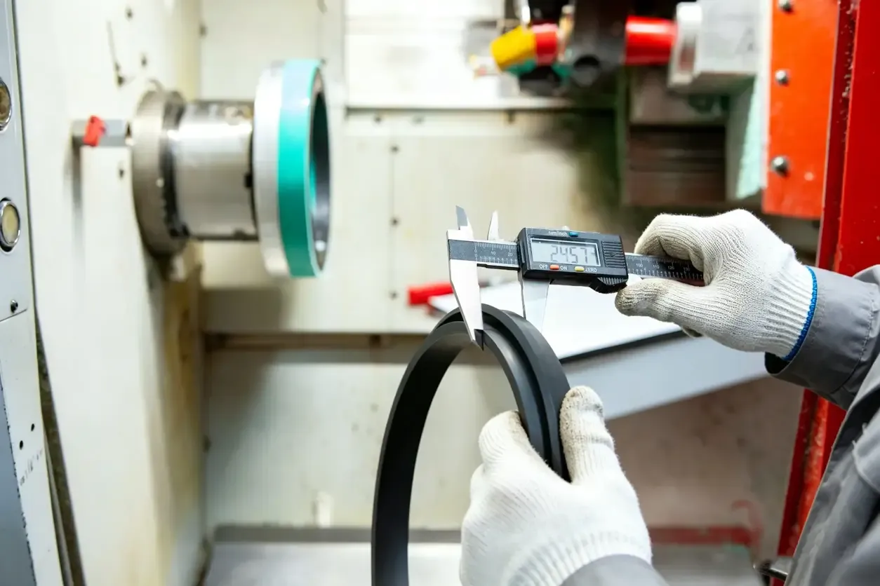 Vernier caliper measuring plastic ring for dimensional accuracy